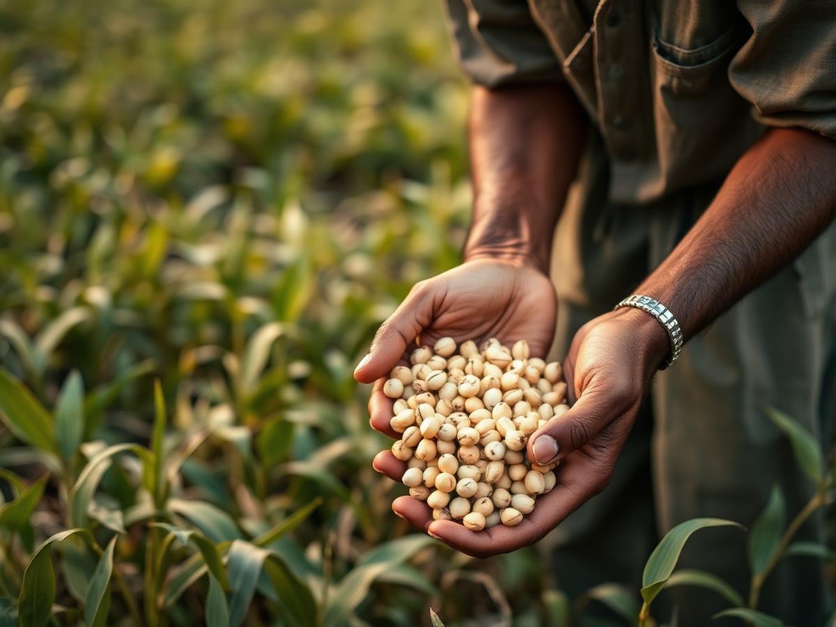 Farmer holding harvested grain